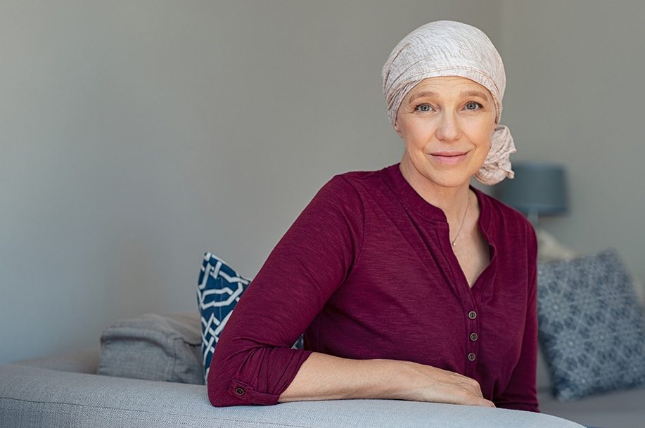 Woman with cancer in a hair turban.